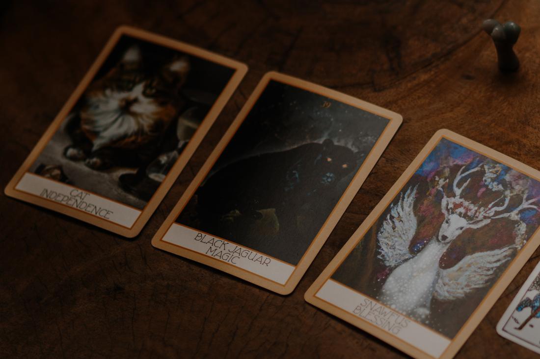 Cards from the Into the Meadow oracle deck laid on a wooden table